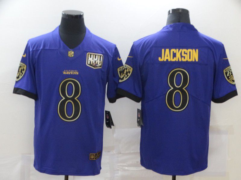 Men Baltimore Ravens 8 Jackson Purple gold 2020 Nike NFL Jersey